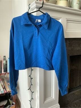 Divided Bright Blue Cotton Blend Cropped Long Sleeved Polo Top